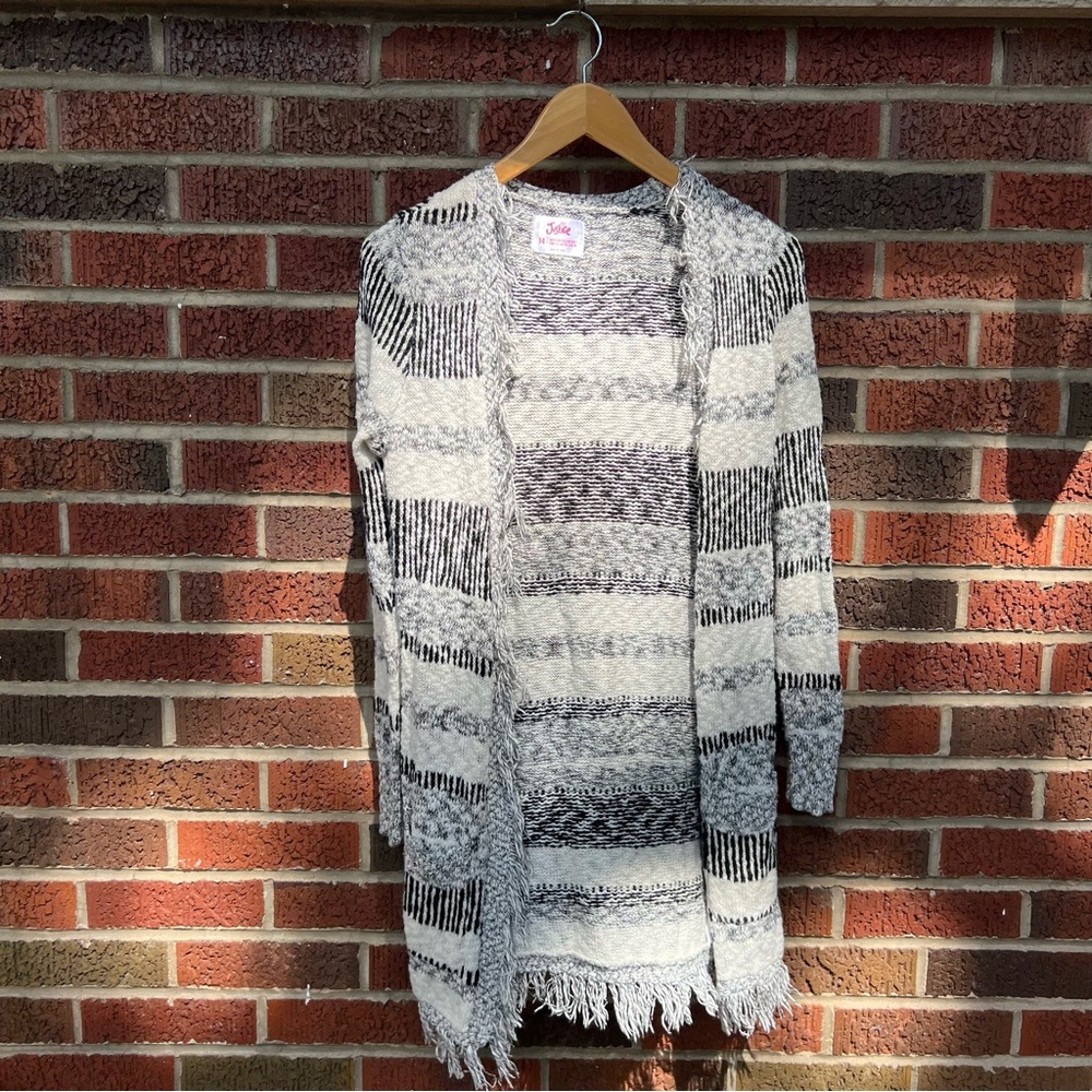 Justice Cream and Black Fringe Hem Striped Chunky Knit Sweater Cardigan